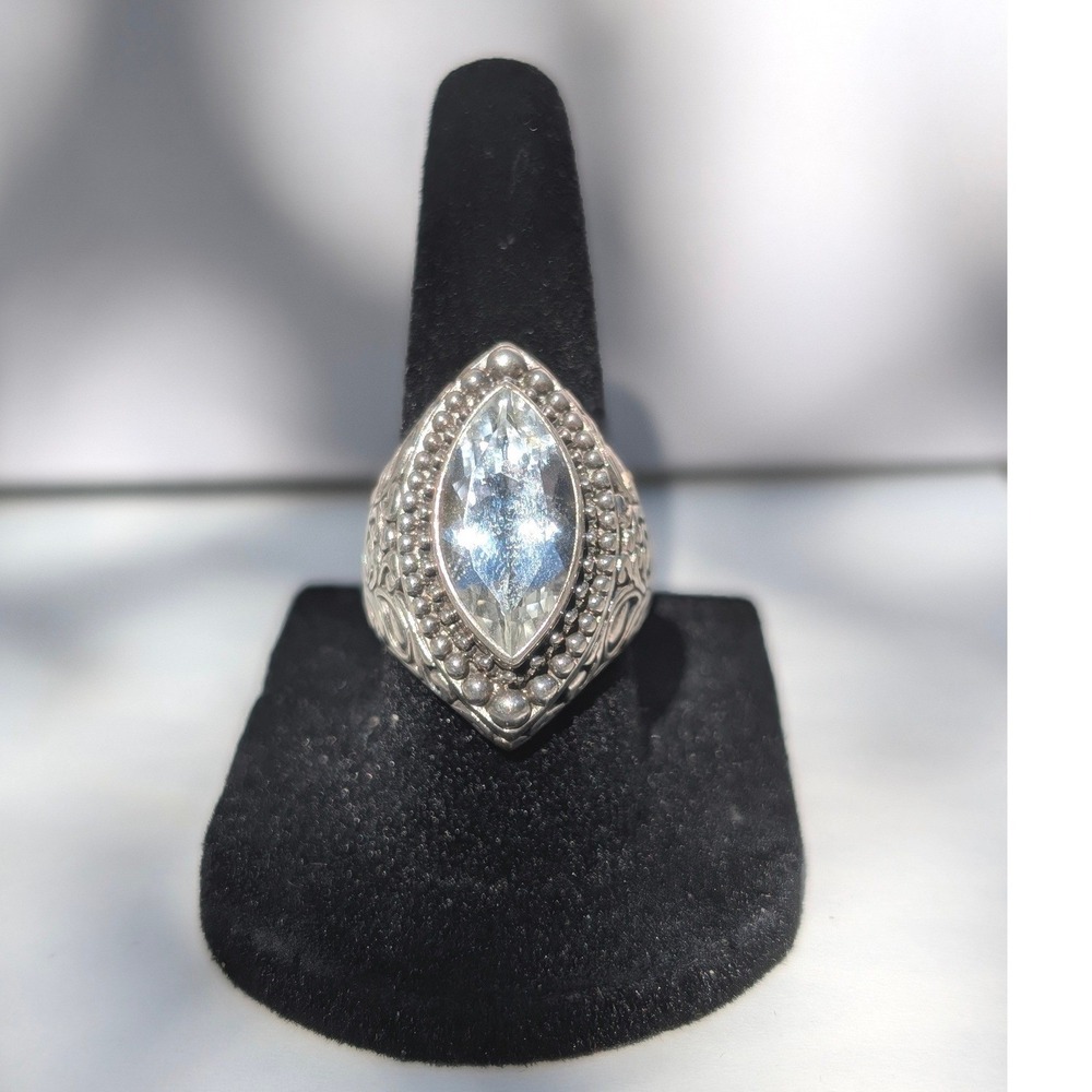 Sarda Sterling Silver 925 Marquise Blue Gemstone Filigree Statement Ring 6.75